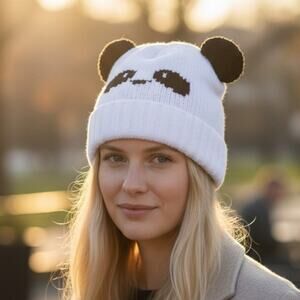Panda Knit Hat Fluffy 3D Ears Adult White Stretch Winter Warm Fun One Size Fits